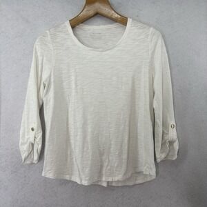 Chicos Women's Sz M White Ultimate Tee Slub Knit 3/4 Sleeve T‎ Shirt Roll Sleeve